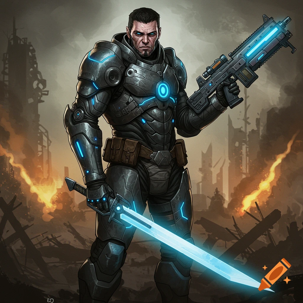 A futuristic soldier in armor with glowing weapons stands in a ruined city.