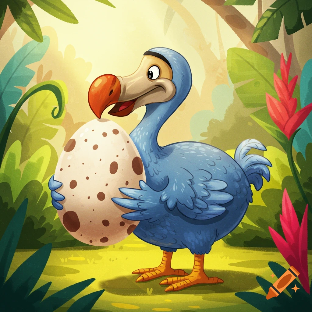 A cartoon dodo bird stands in a jungle holding a large speckled egg.