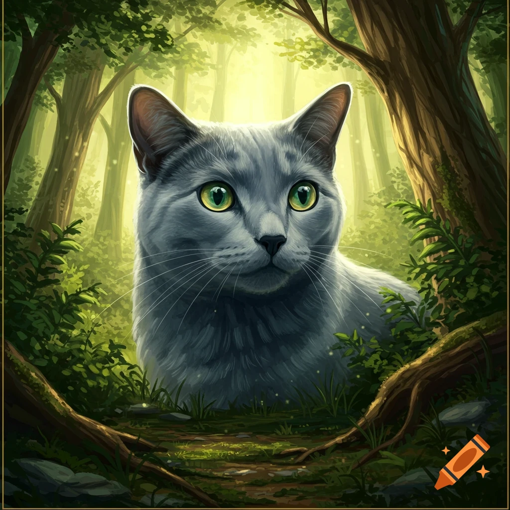 A grey cat with green eyes looking out from foliage in a sunlit forest.