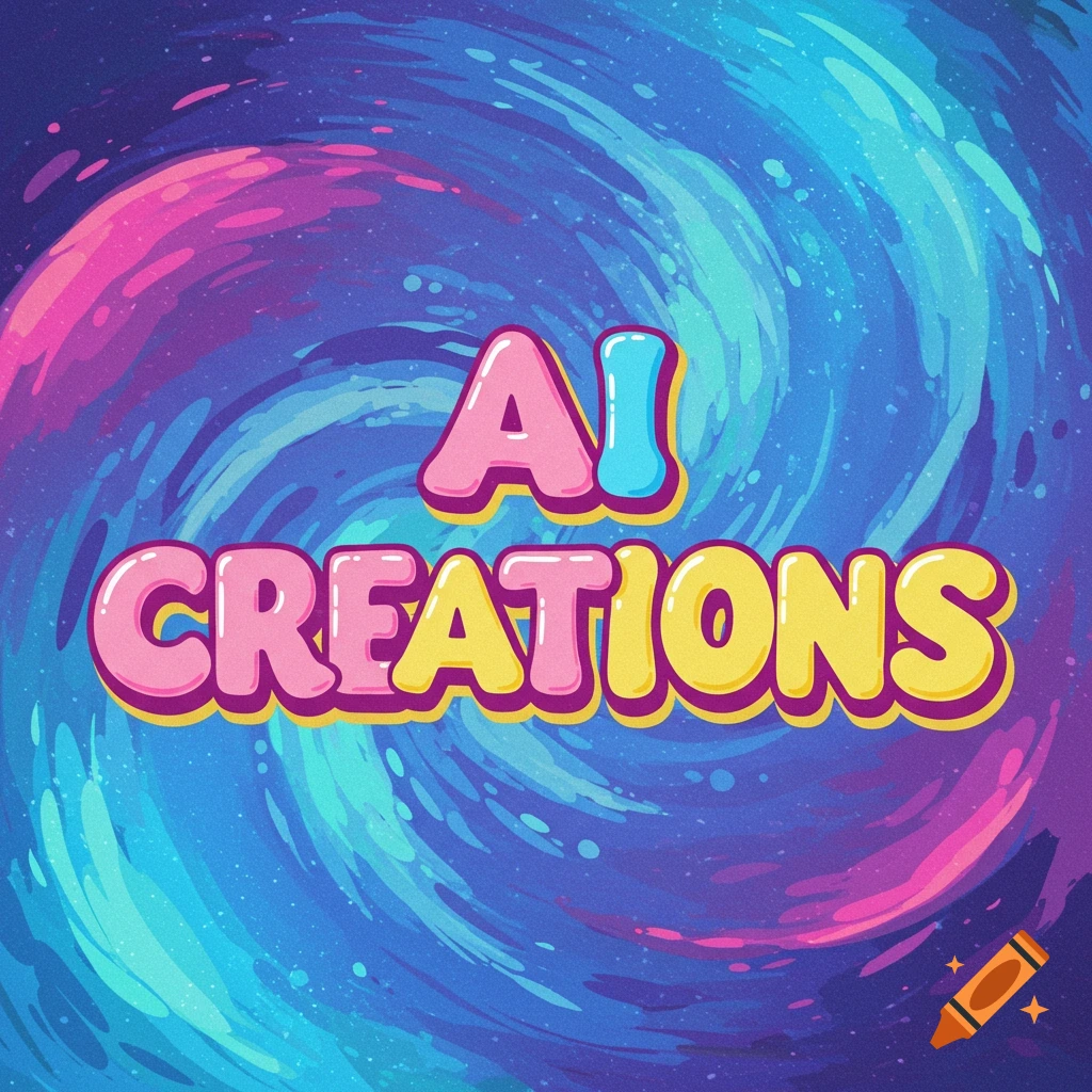 Bubble letters spelling AI CREATIONS over a swirling colorful background with speckles, digital art