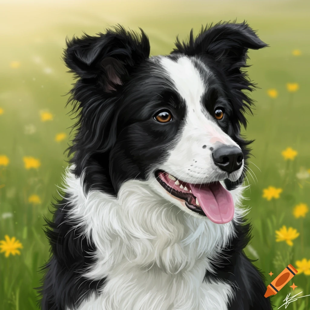 A black and white Border Collie stands in a grassy field with yellow flowers.