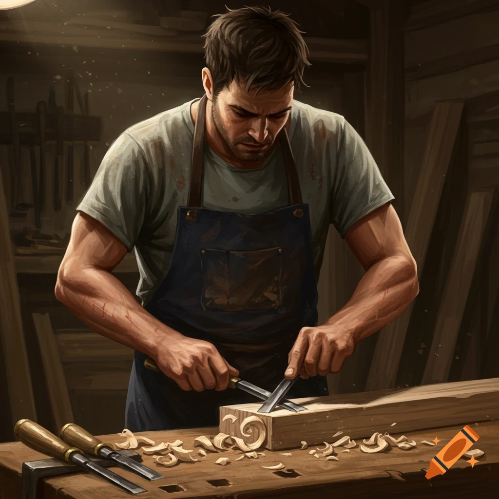 A craftsman works on a piece of wood with chisels in a workshop.