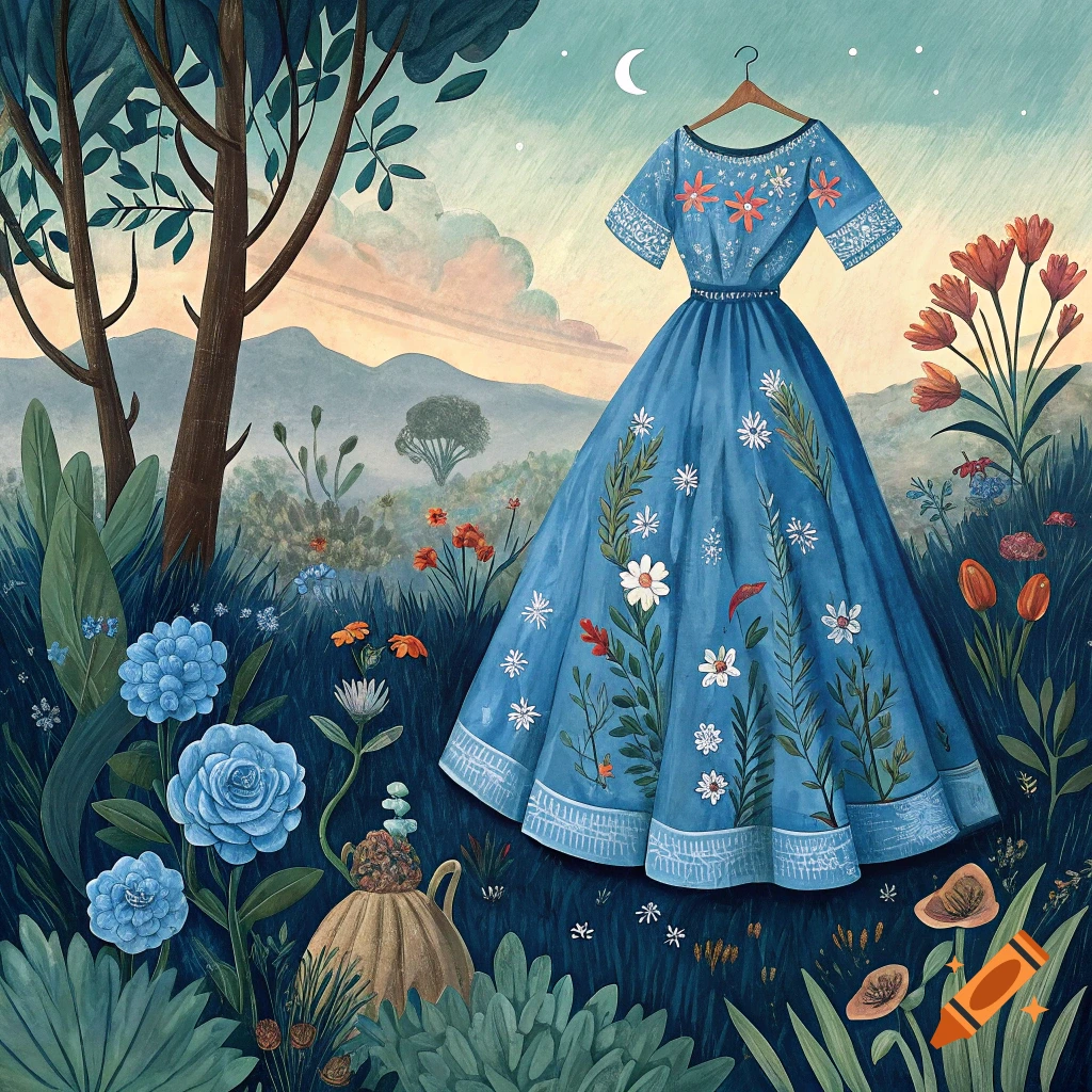 Painting of a blue dress with flowers hanging in a garden at dusk.