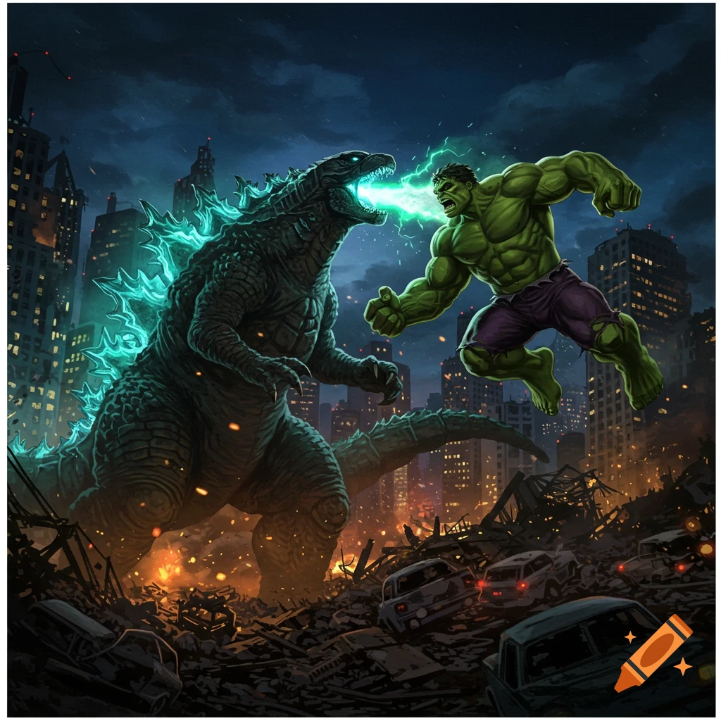 Godzilla fighting Hulk in a destroyed city at night.