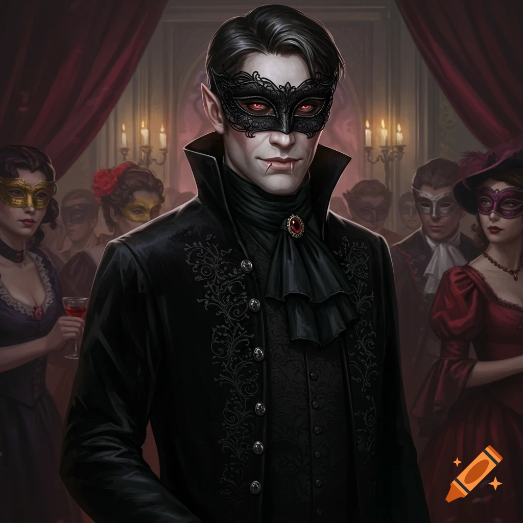A vampire in a mask is at a masquerade party.