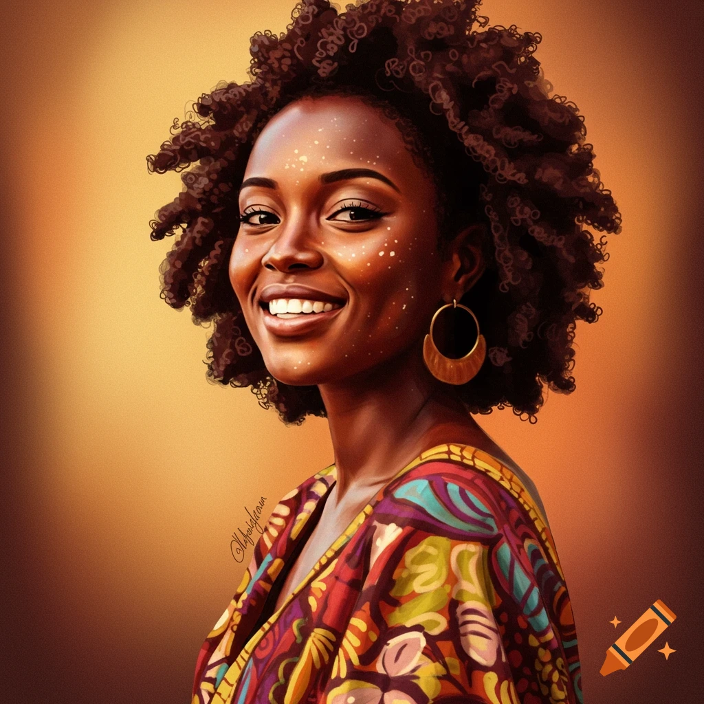 portrait of a smiling woman with afro hair and colorful clothing.