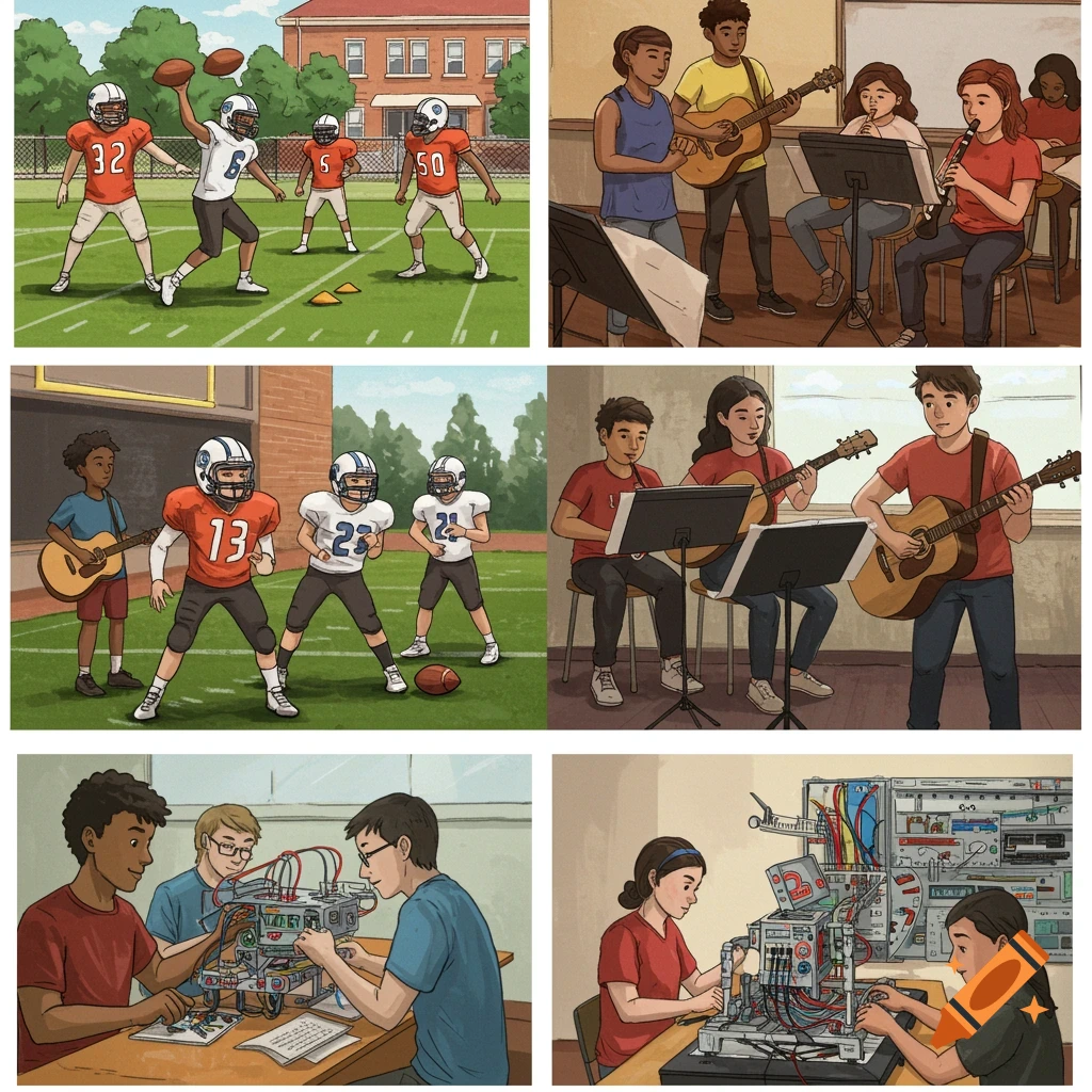Illustration of students playing football, making music, and building robots at school.