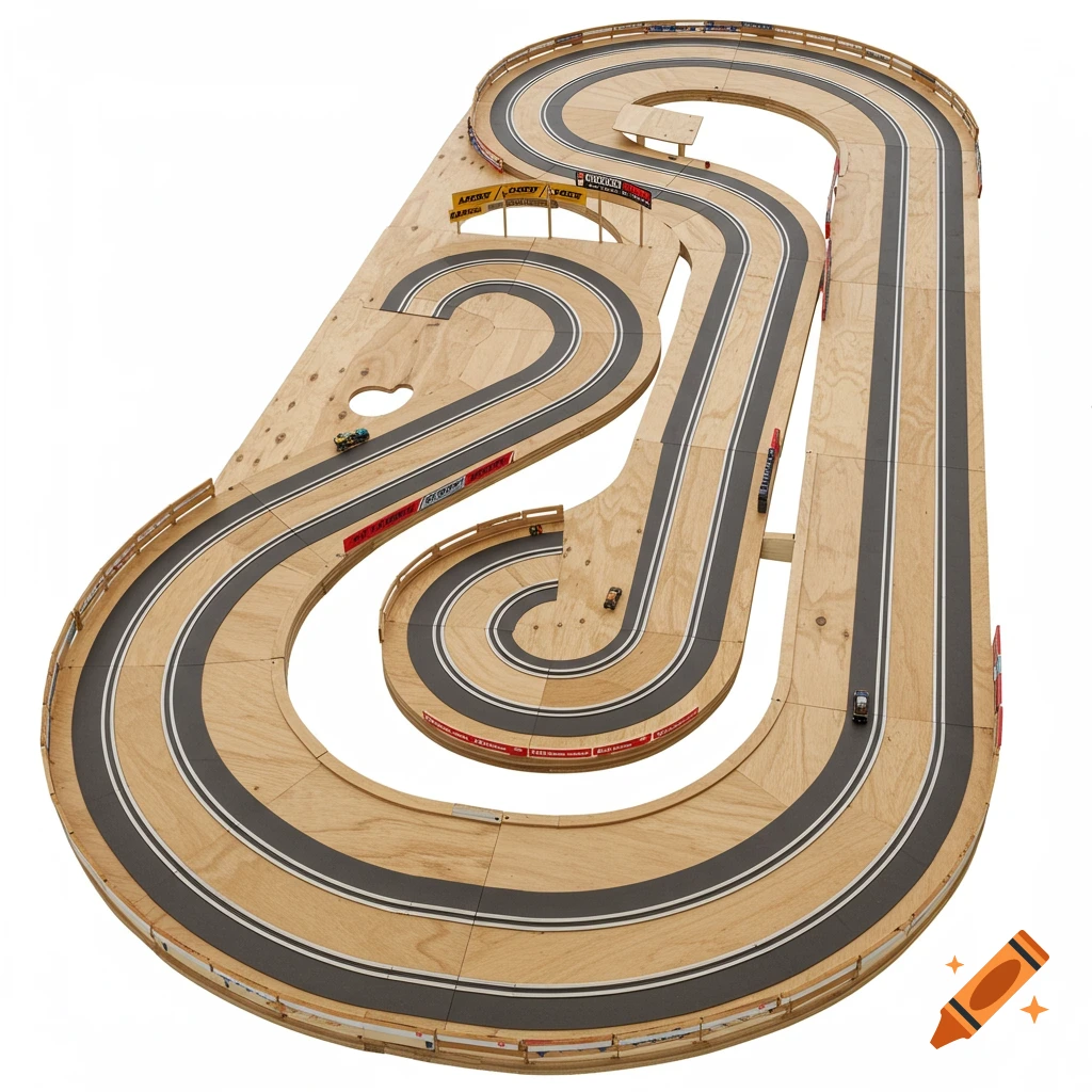 A large wooden slot car race track with small cars on it. on Craiyon
