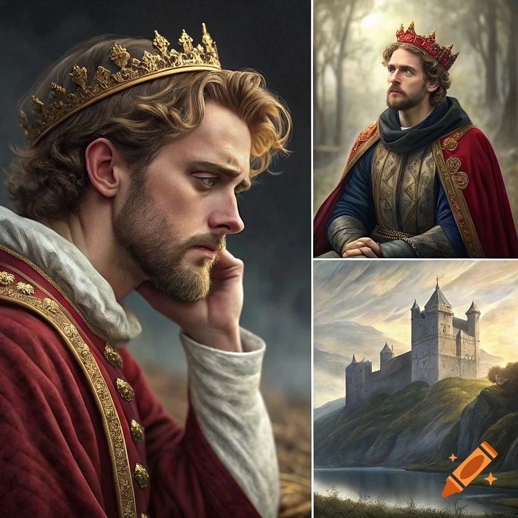 Collage of three images: profile portrait of a man in a gold crown, full shot of the same man in a crown and red cape, and a castle on a hill overlooking water.