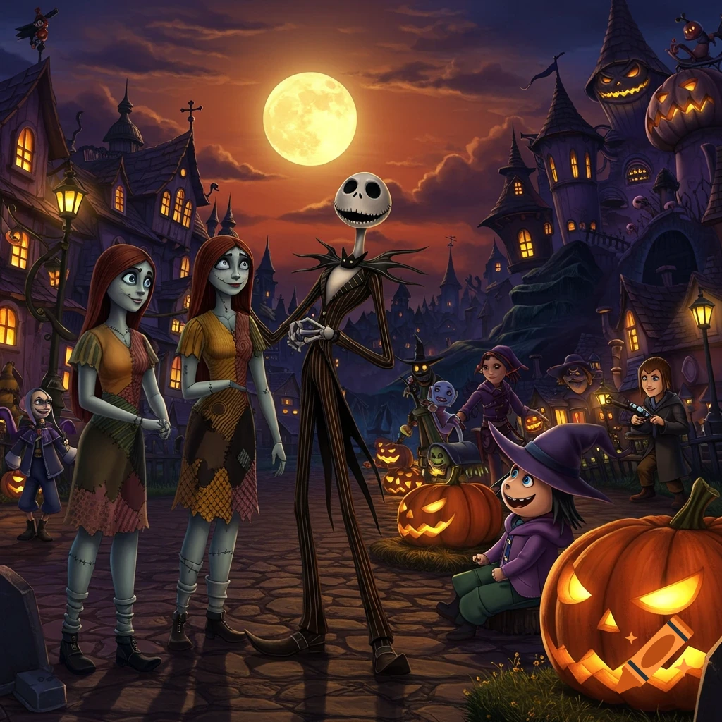 Jack Skellington and Sally stand in a Halloween town square with other characters, pumpkins, and spooky buildings under a full moon.