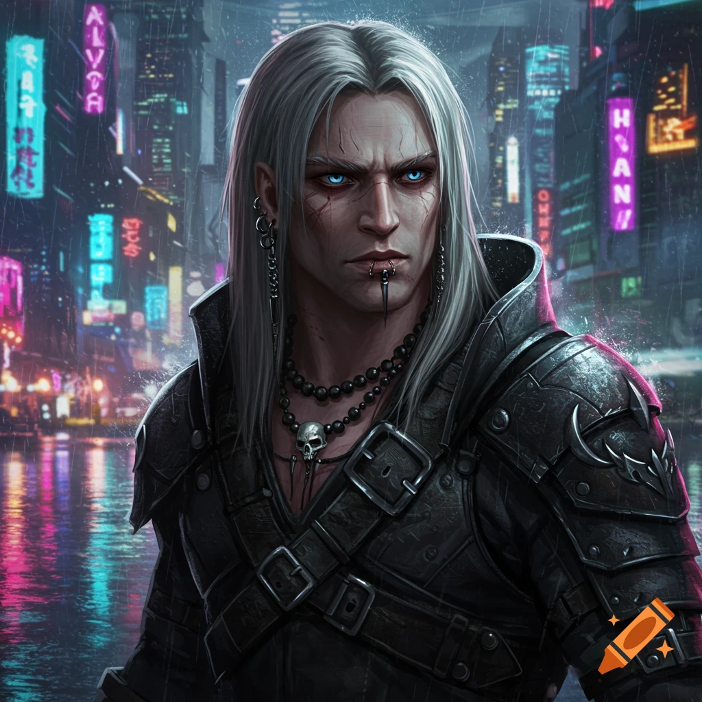 A man with long grey hair and armor in a rainy cyberpunk city