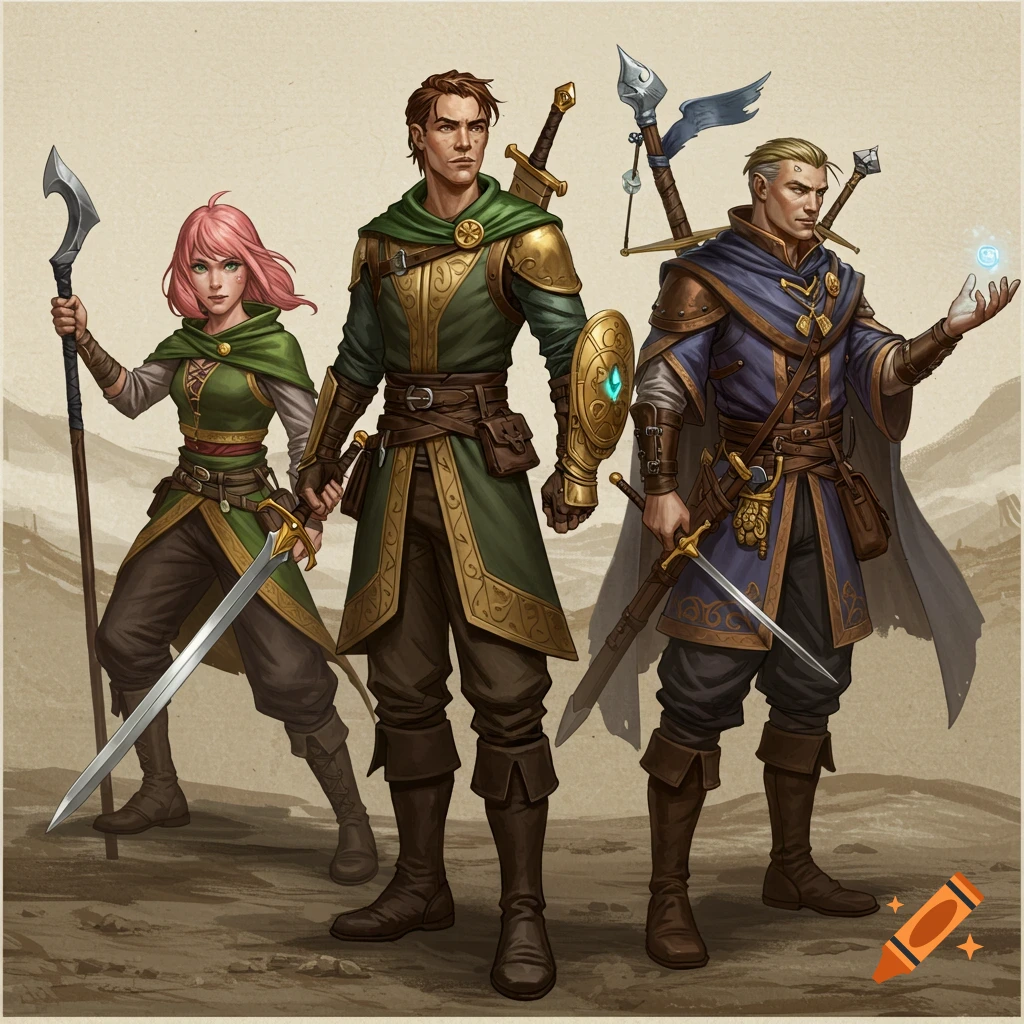 Three fantasy adventurers standing in a landscape.