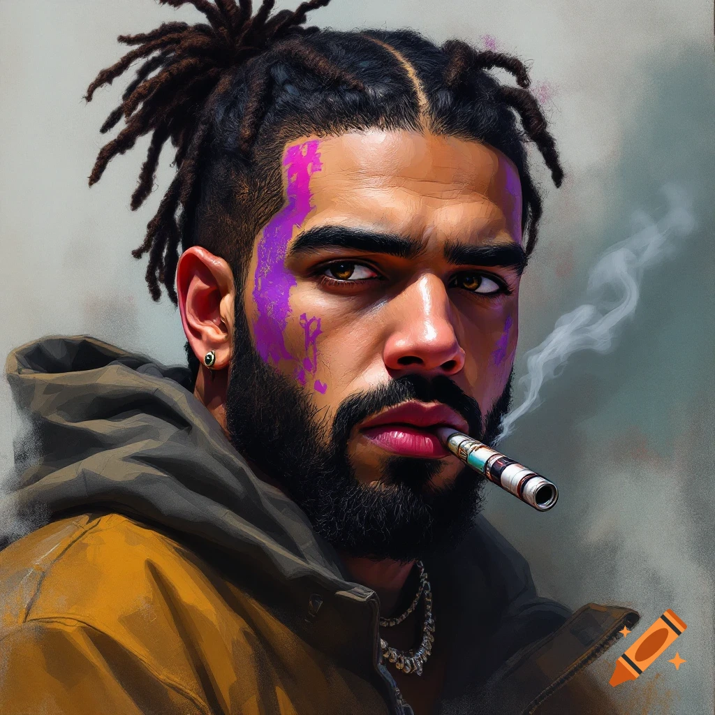 A close-up portrait of a man with dreadlocks and beard smoking a vape.