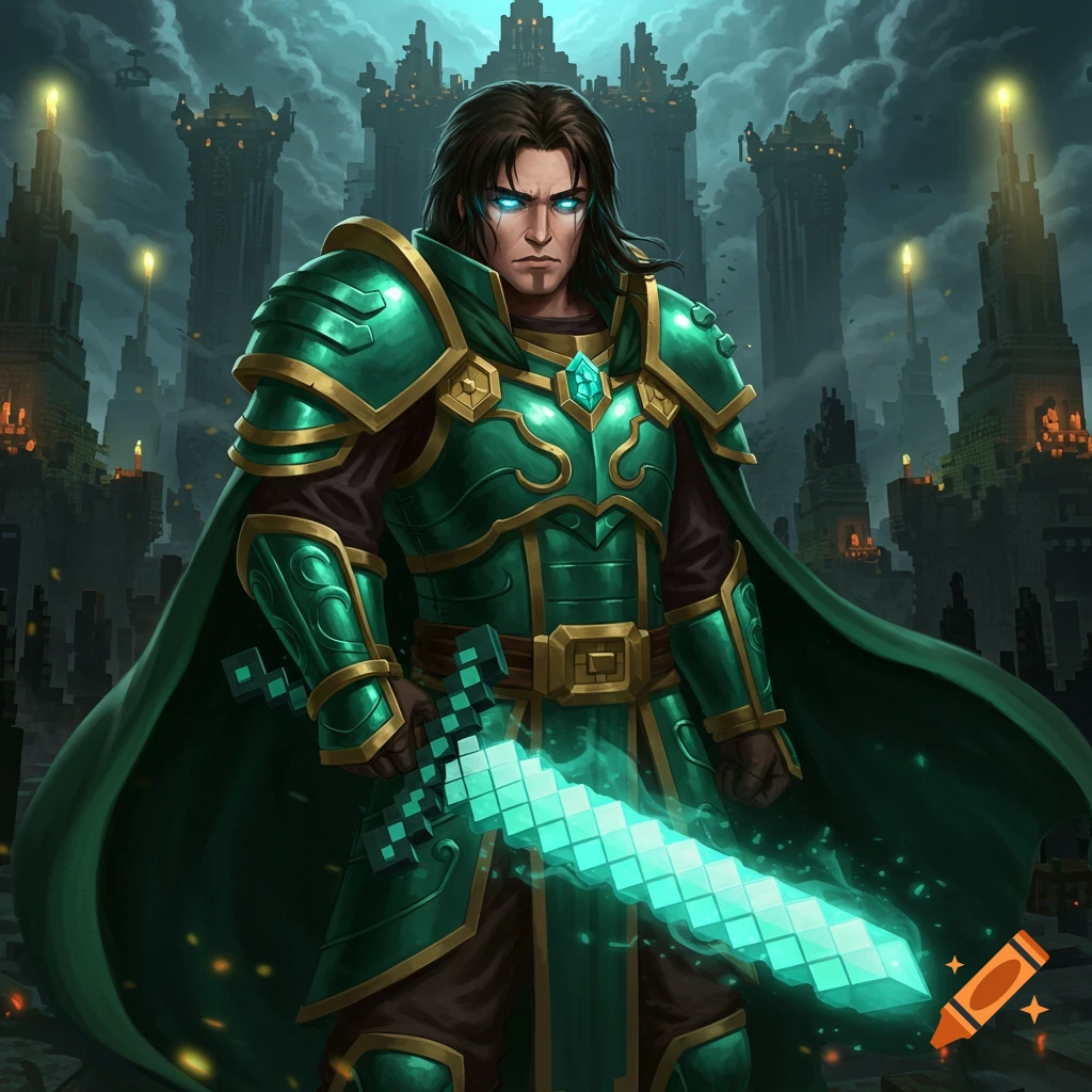 A male figure stands in green and gold armor with a glowing pixelated sword in front of blocky castles.