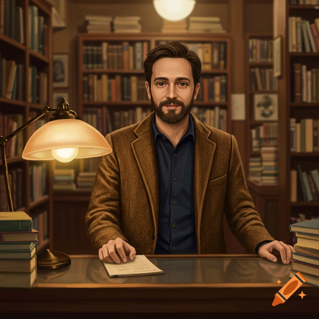 A man in a brown jacket sits at a desk in a library filled with books, looking at the camera.