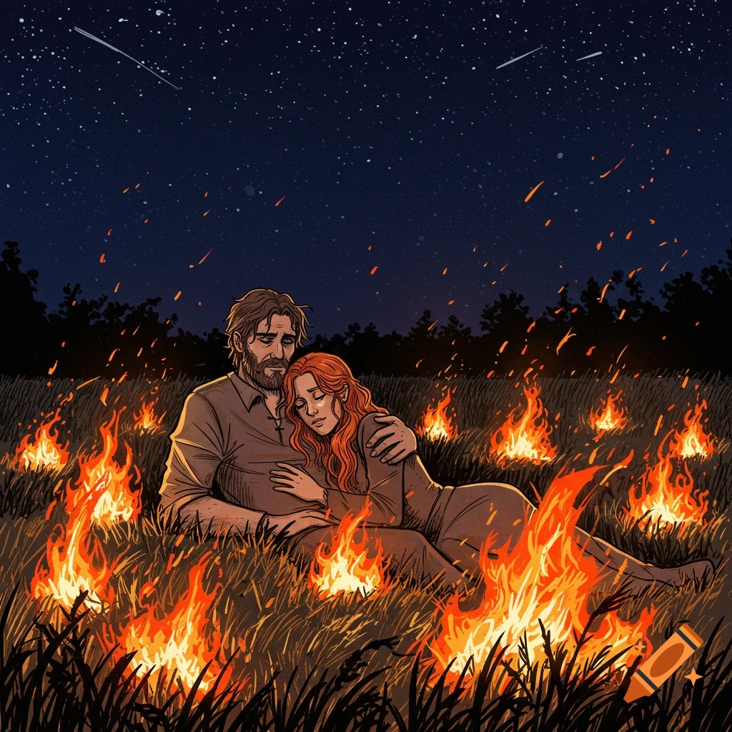 Illustration of a couple embracing in a field surrounded by fires at night, under a starry sky.