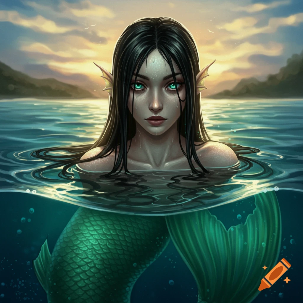 A mermaid with turquoise eyes in the ocean at sunset.