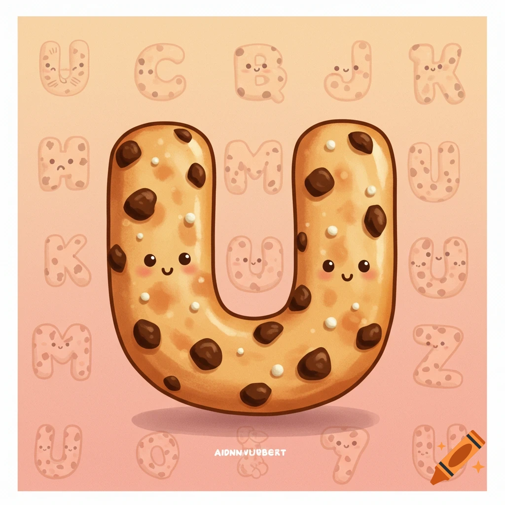 A large cartoon 'U' cookie with a smiling face is surrounded by smaller letter cookies, each with a face.