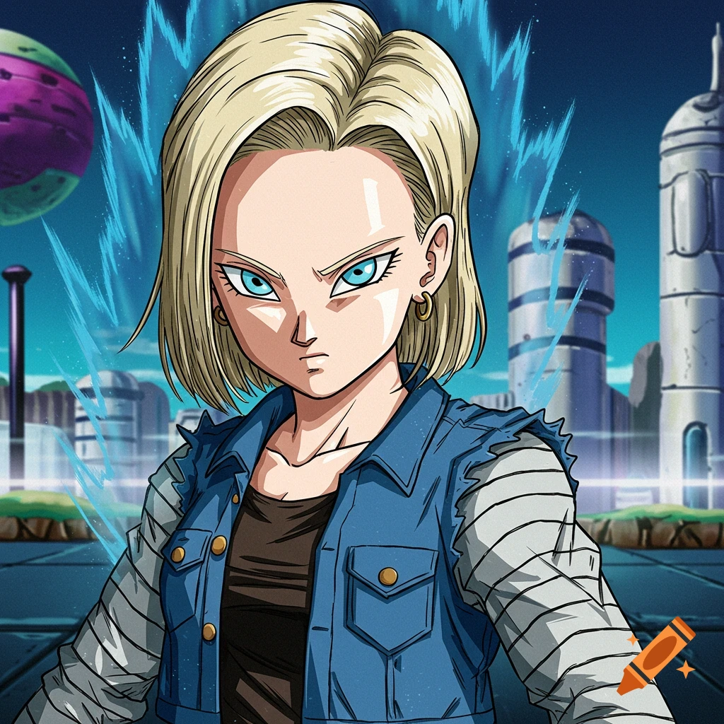 Illustration of Android 18 from Dragon Ball Z with blue energy aura against a sci-fi city background.