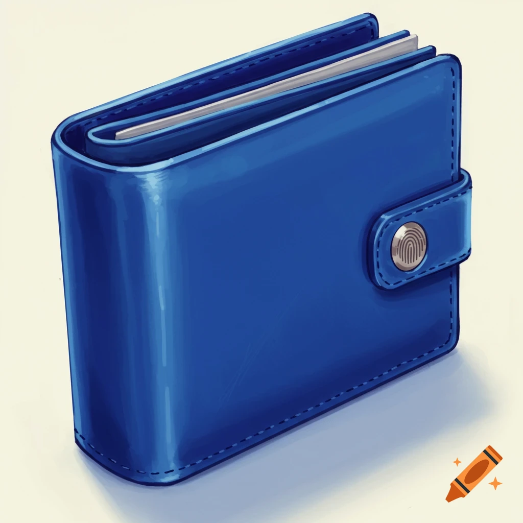 A closed blue wallet with a fingerprint scanner button.