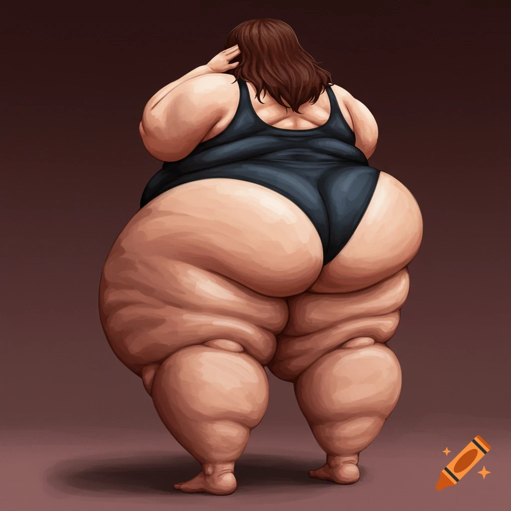 View of an extremely obese woman in a swimsuit from the back.