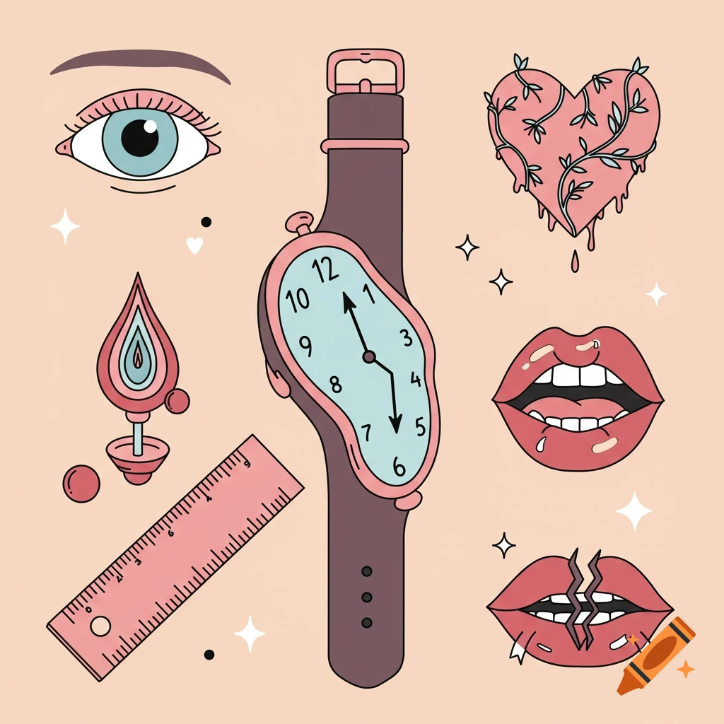 Stylized illustration of an eye, melting watch, ruler, vine heart, and broken lips on a pink background.
