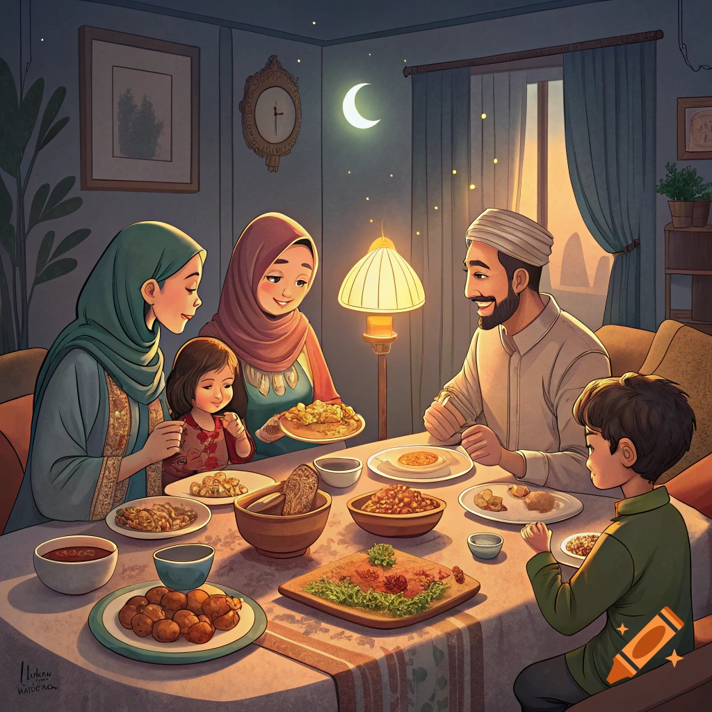 Illustration of a Muslim family eating dinner under a crescent moon.
