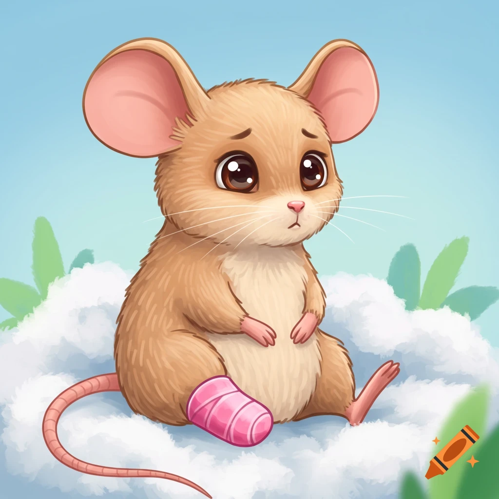 A sad-looking cartoon mouse with a pink leg cast sits on clouds.