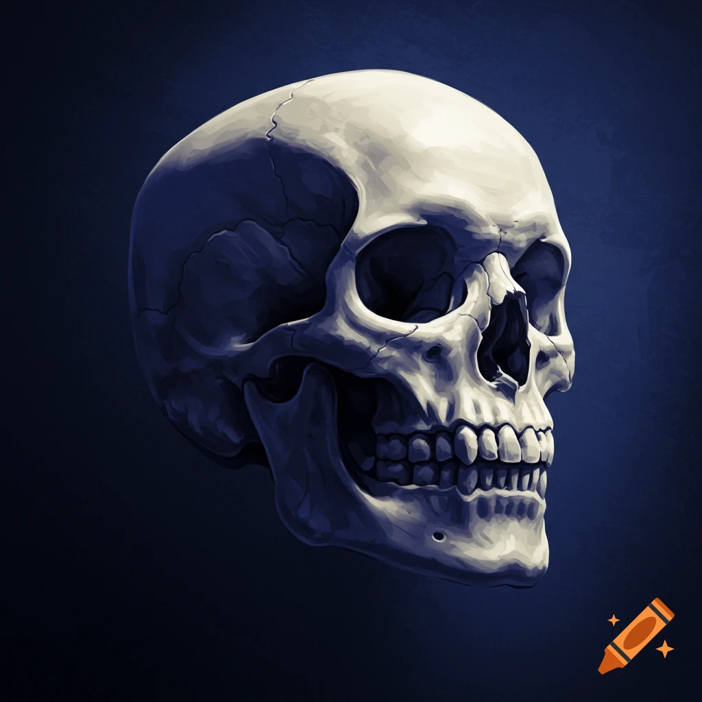 A human skull against a dark blue background.