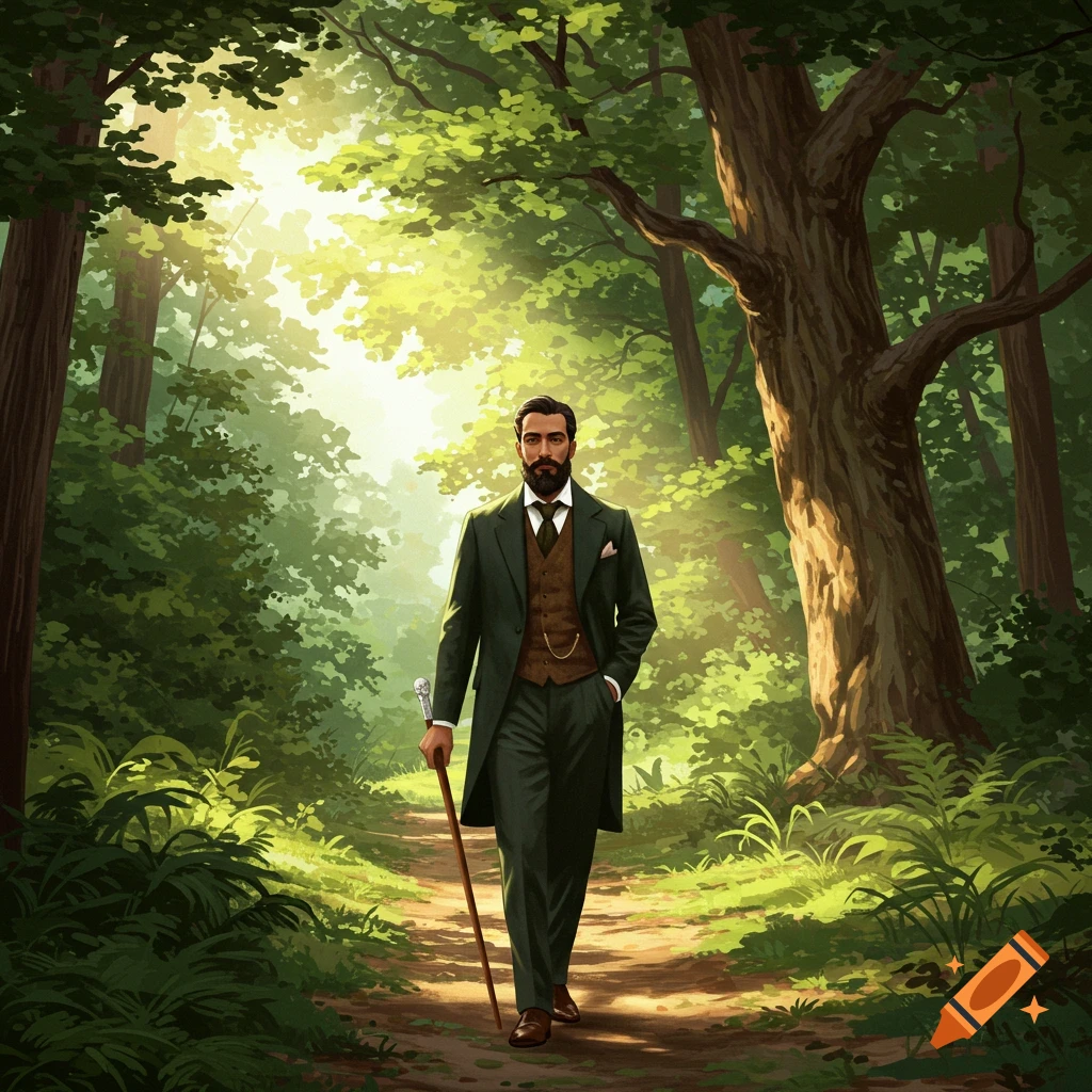 A man in a suit walks with a cane on a path in a sunlit forest.