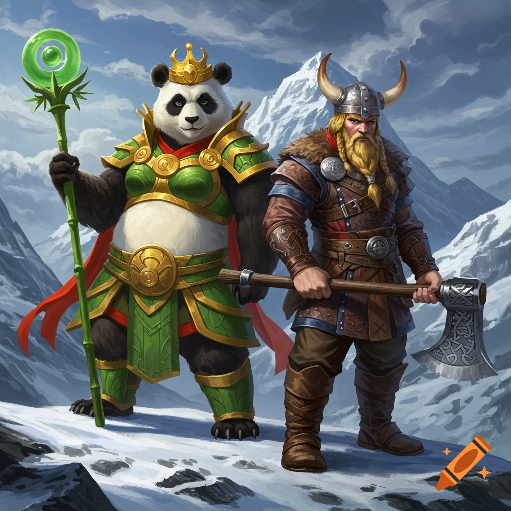 A panda queen and a viking king standing in snowy mountains.