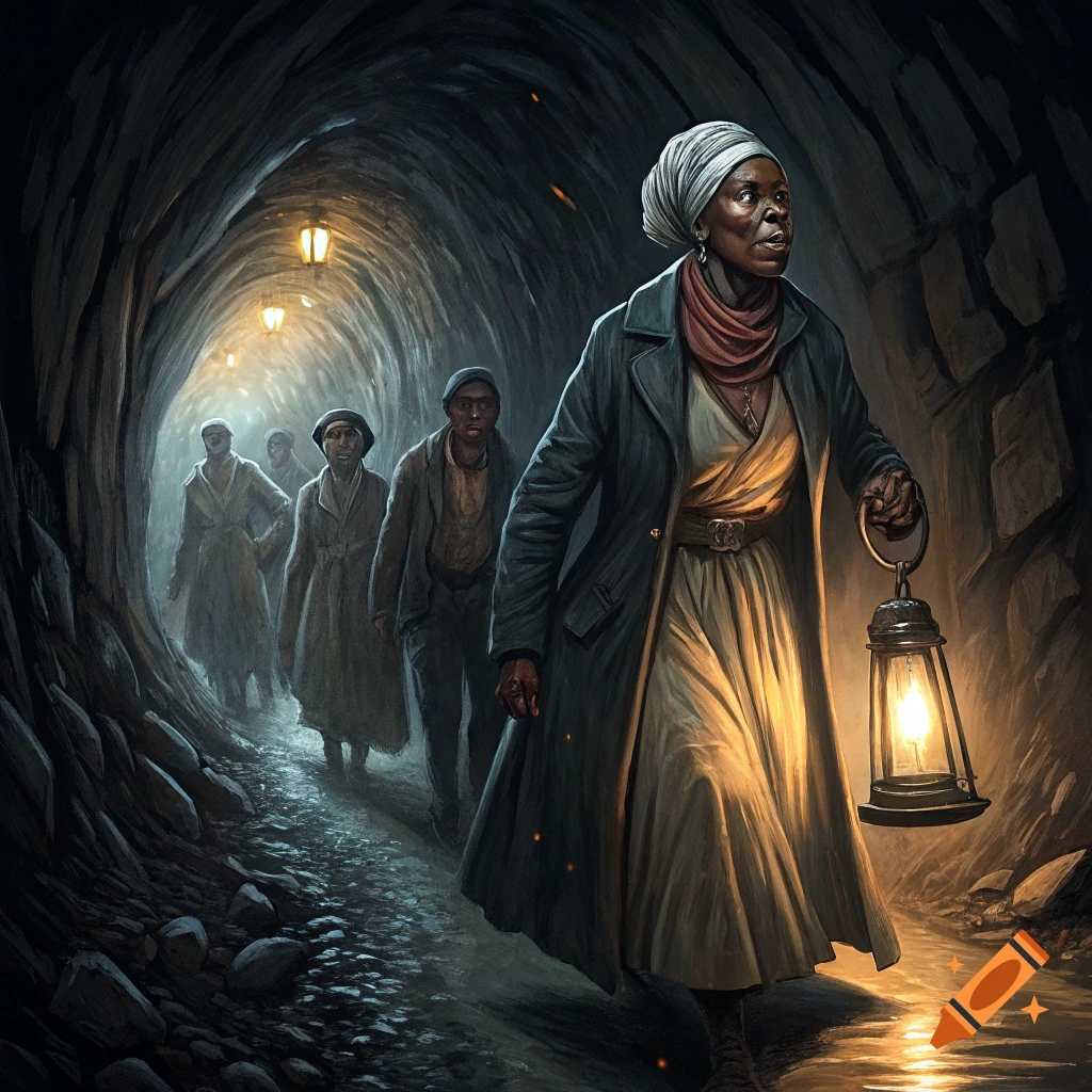 Illustration of a woman leading people through a dark tunnel by lantern light.