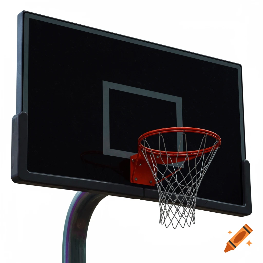 A close-up of a basketball backboard, hoop, and net.