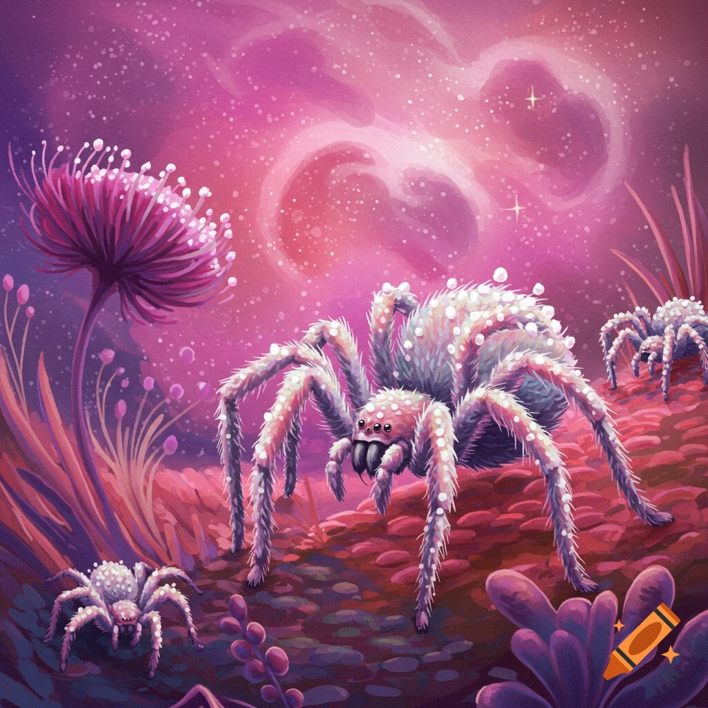 Several fuzzy spiders in a pink fantasy landscape with strange plants.