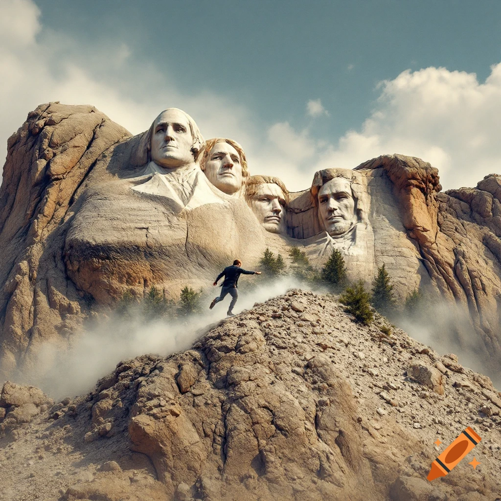 Person runs on a rocky hill in front of Mount Rushmore with mist and clouds.