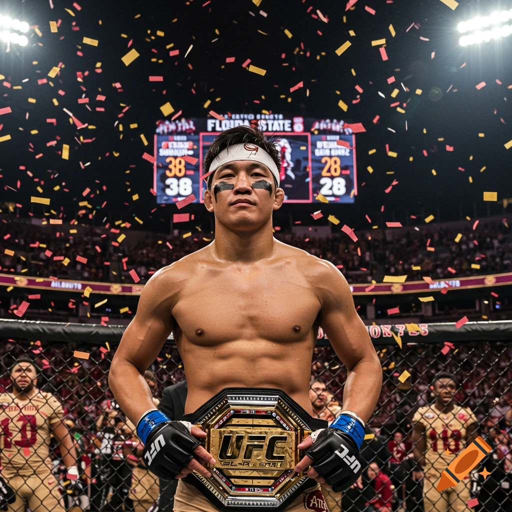 Asian-American UFC fighter holds championship belt as confetti falls in arena.