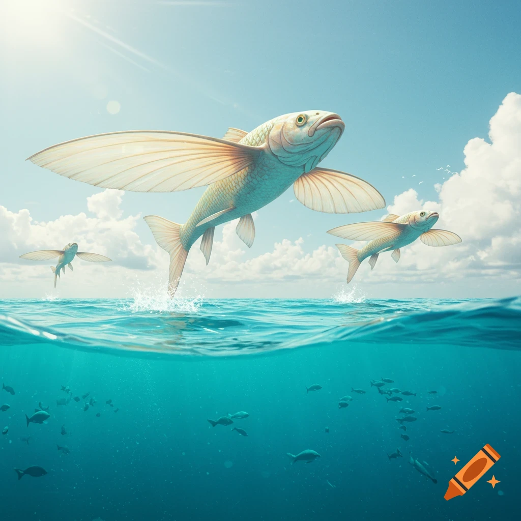 Flying fish leaping from the ocean with views above and below the water.