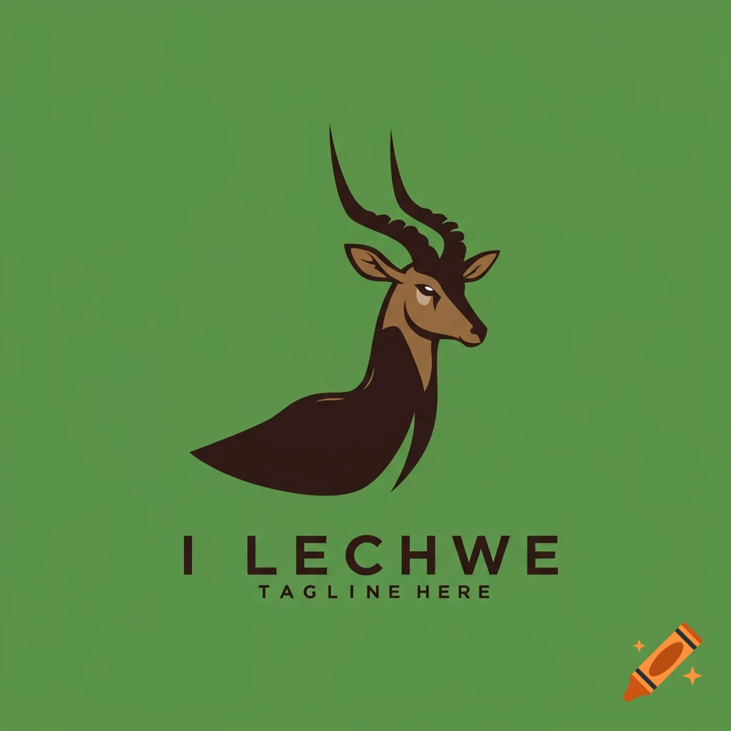 A stylized logo illustration of a lechwe antelope head and neck on a green background with text below.