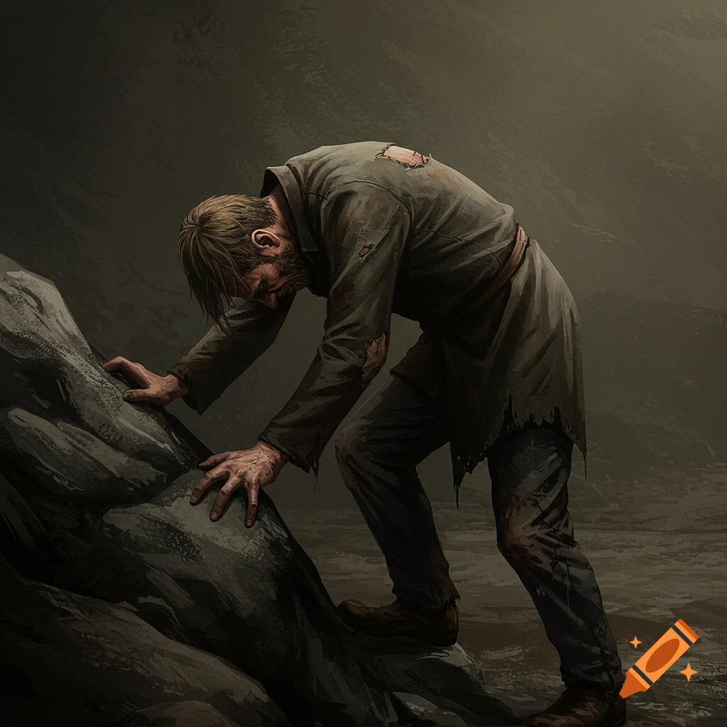 A man bent over, leaning on a rock, appearing exhausted.