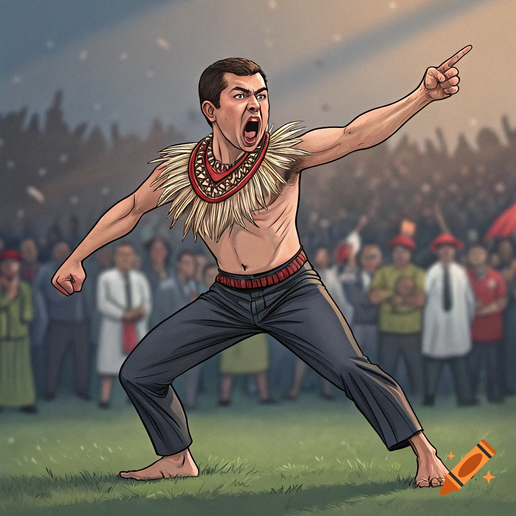 Illustration of a man doing the Haka in front of a crowd.