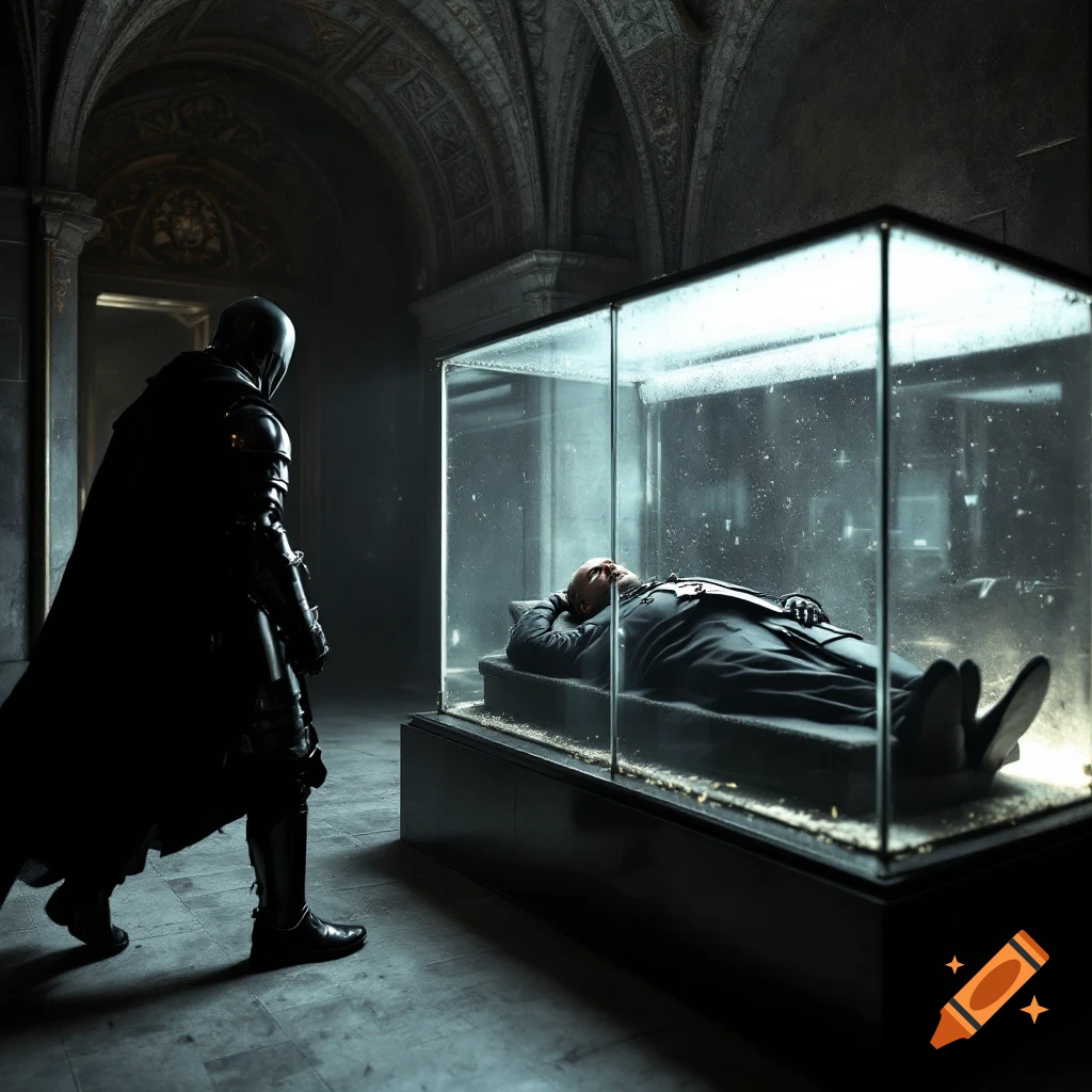 A knight in black armor walks past a glass case containing a body in a grand, dark hall.