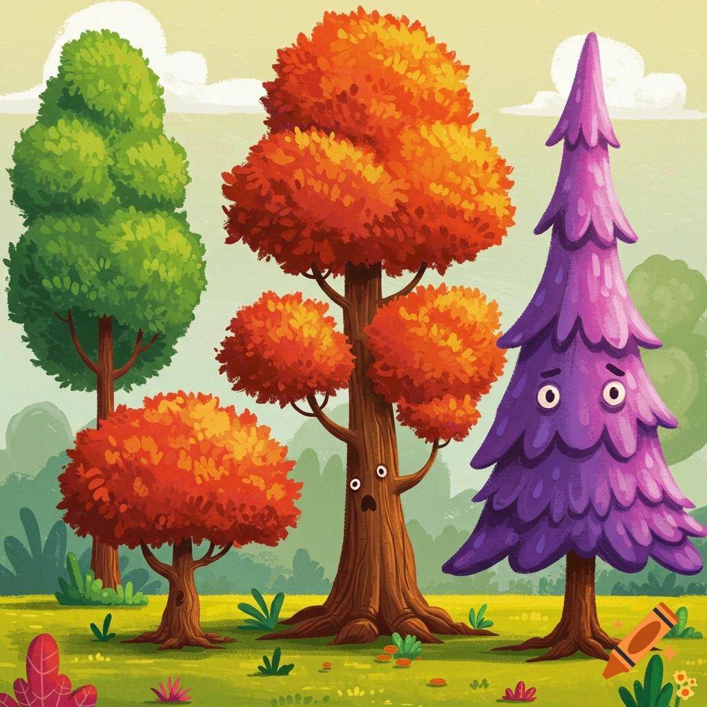 A colorful cartoon illustration of anthropomorphic trees in a meadow.