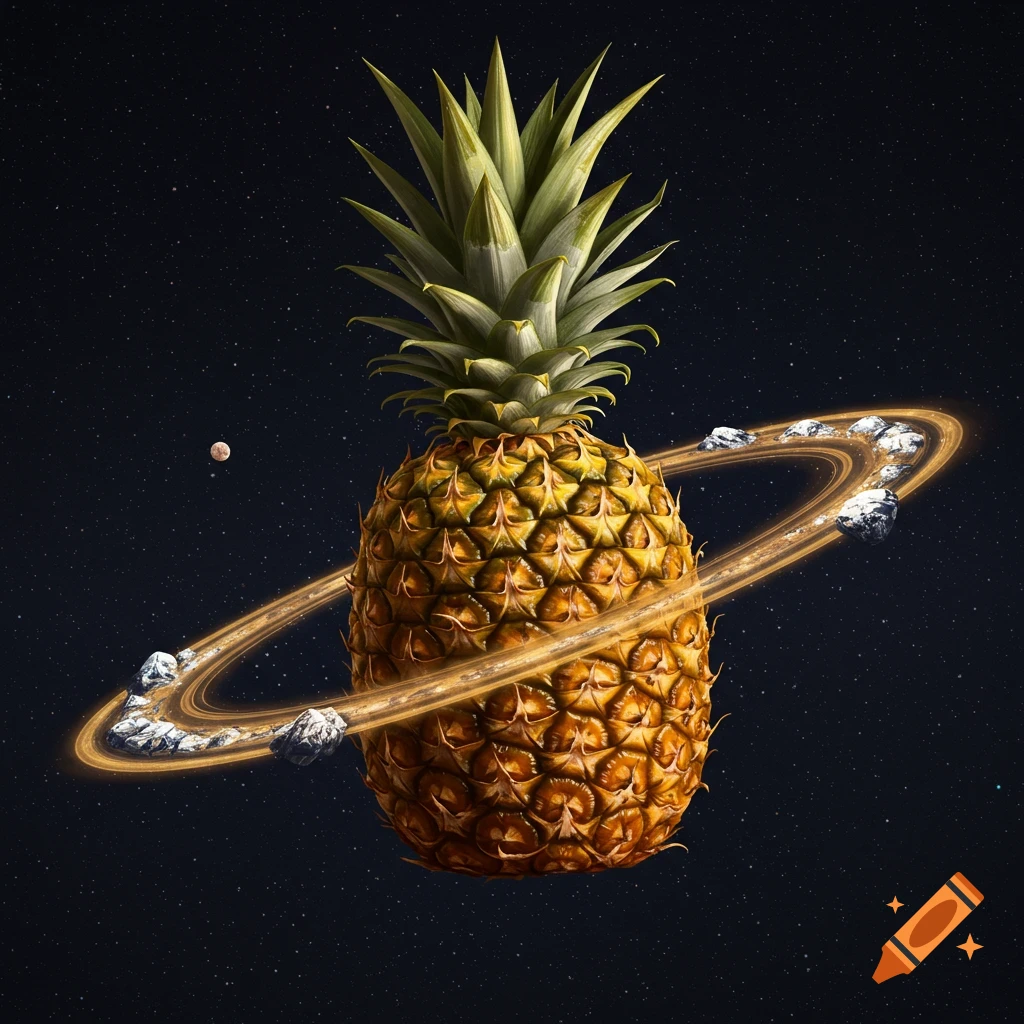 A pineapple planet with asteroid rings floats in starry space with a moon.