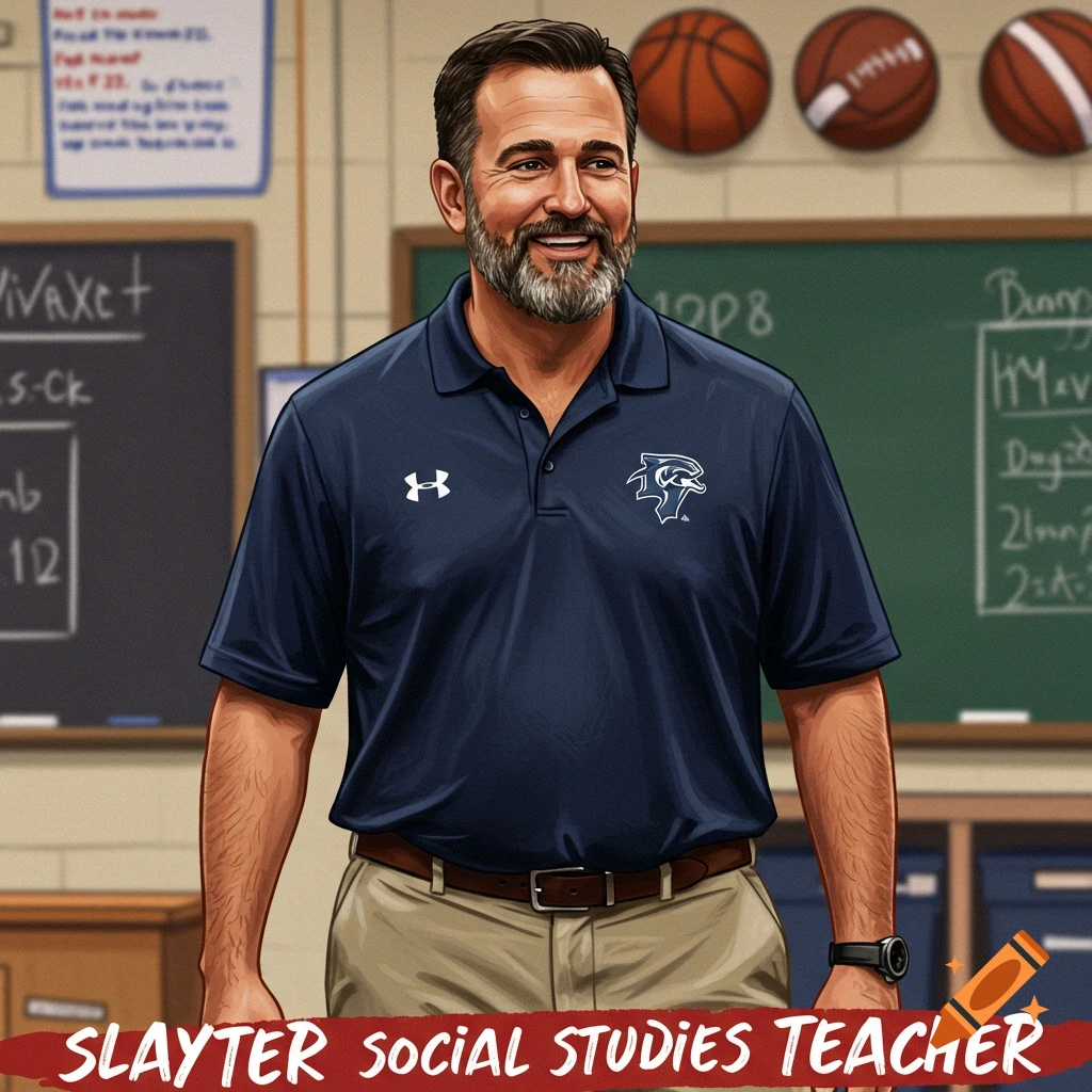 A smiling man, a social studies teacher or coach, standing in a classroom with blackboards and sports balls.