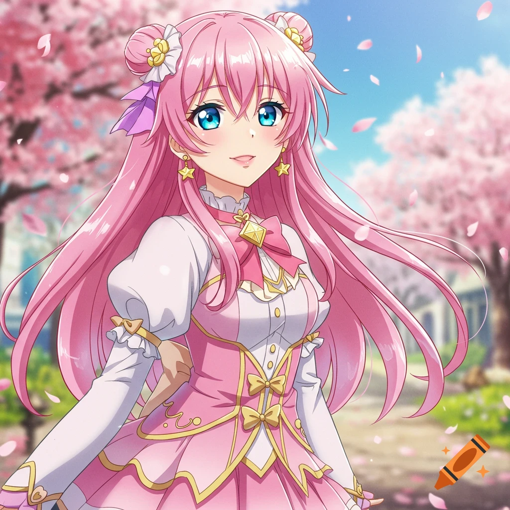 Anime girl with pink hair in a cherry blossom park.