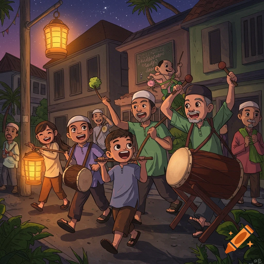 People walking at night with drums and lanterns