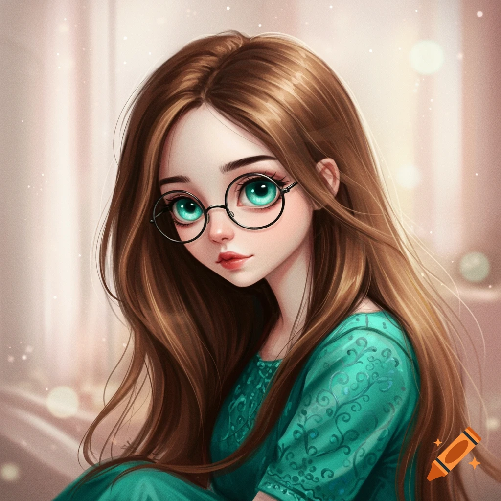 A girl with large turquoise eyes and glasses, wearing a teal dress.