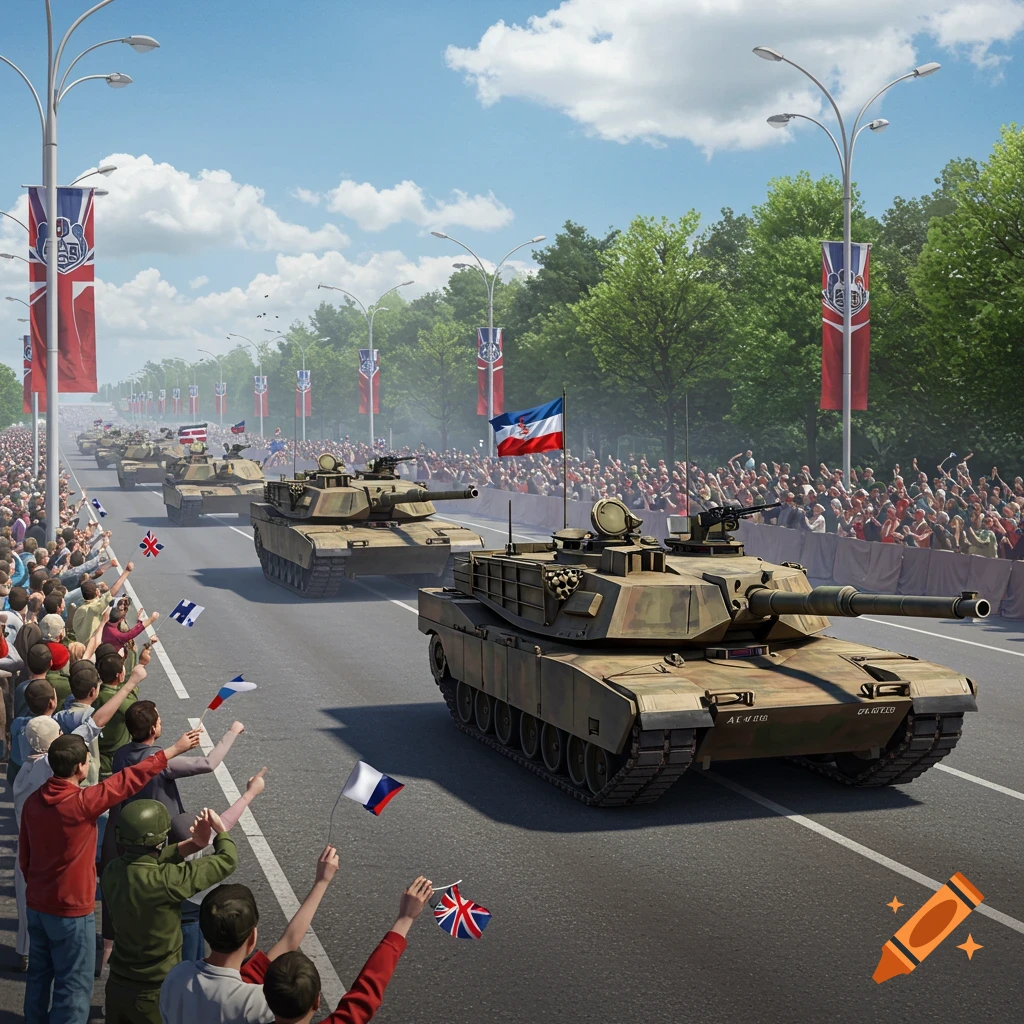 A military parade with tanks driving down a street lined with spectators waving flags