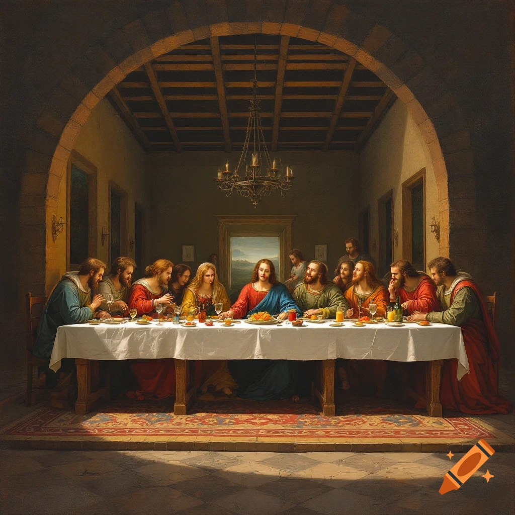 A scene resembling The Last Supper with figures seated at a long table.