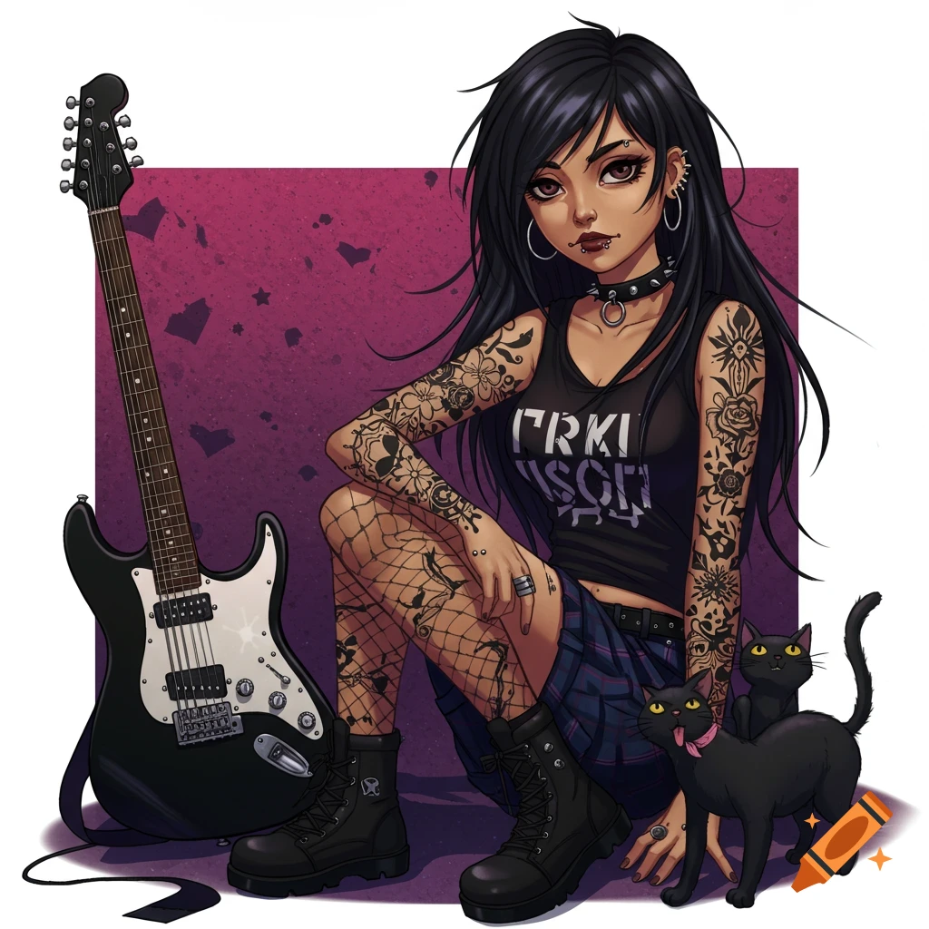 Anime illustration of an emo girl with tattoos, piercings, guitar, and two black cats